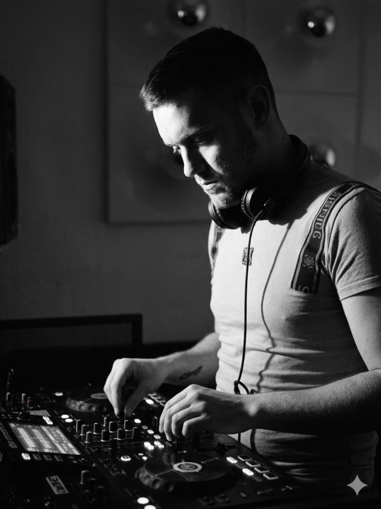 Sandro am DJ-Pult mit Kopfhörern – voller Leidenschaft an den Decks